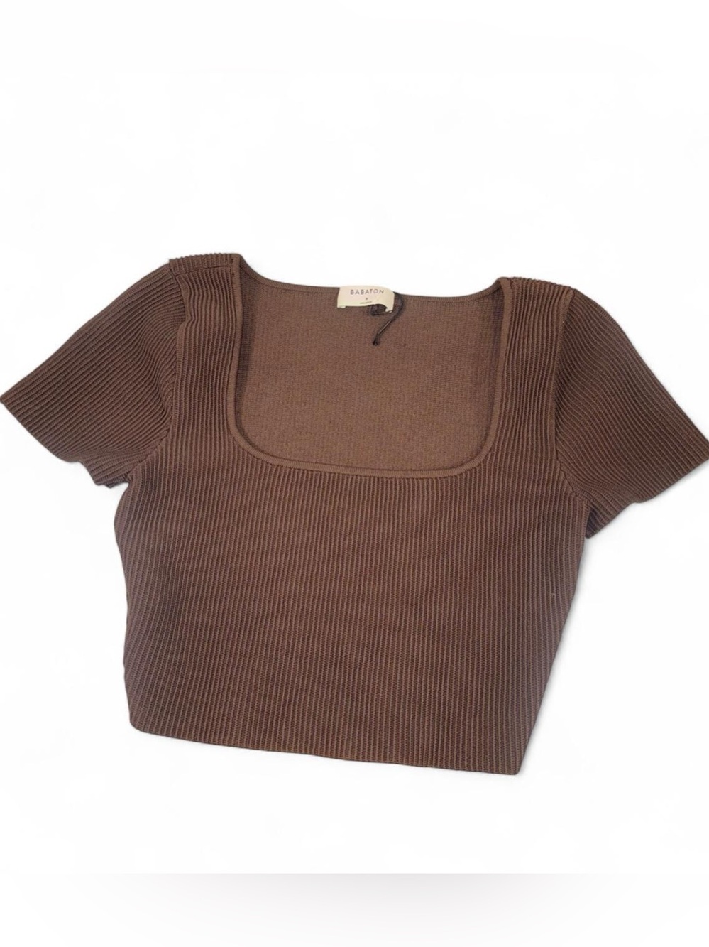 Babaton Sculpt Knit Squareneck Short Sleeve Crop Top Brown